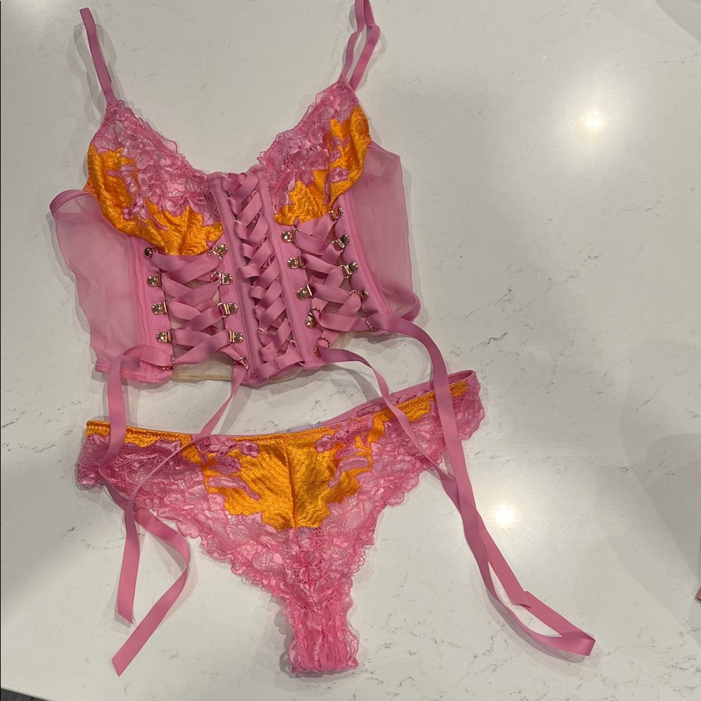 Savage X Fenty Pink and Yellow Lace Corset Bra Set